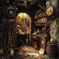 Steampunk laboratory filled with intricate devices and mysterious artifacts photo