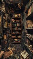 A dimly lit antique bookstore overflows with dusty old books photo