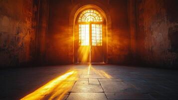 A room with a door and sunlight shining through it photo