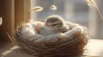 A baby bird in a nest on a window sill photo