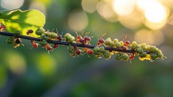 A bunch of ants on a branch with sunlight photo