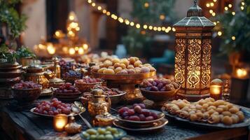 A table with fruit and candles on it photo
