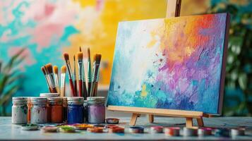 An easel with paints, brushes and a canvas photo