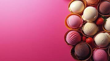 Many different types of ice cream in bowls on a pink background photo