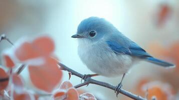 A blue bird sitting on a branch with red leaves photo