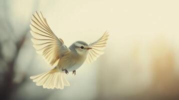 A white bird flying in the air with its wings spread photo