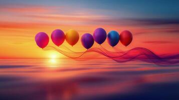 Colorful balloons floating in the air at sunset photo