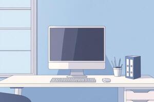 Workspace setup featuring a desk, chair, and computer in a cozy room during daytime photo
