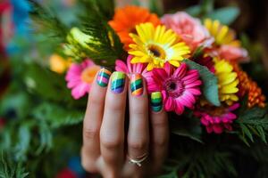 A woman with colorful nails holding a bouquet of flowers photo