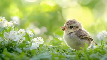 A baby bird is standing in the grass with flowers photo