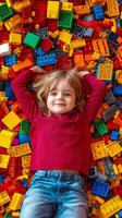 Child enjoying fun time playing with colorful building blocks in a bright indoor space filled with toys photo