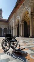 A wheelchair is sitting on a tiled floor in front of a building photo