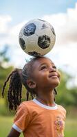 A young girl with dreadlocks standing in the grass with a soccer ball on her head photo