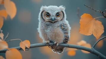 A baby owl sitting on a branch in the fall photo