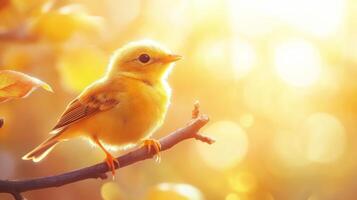 A yellow bird sitting on a branch in the sun photo