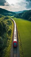 A train traveling through a lush green field photo
