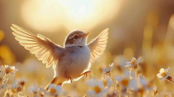 A bird is flying through the air in a field of flowers photo