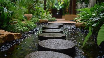 Stepping stones in a garden with water and plants photo