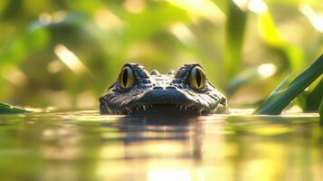 A crocodile is swimming in the water photo