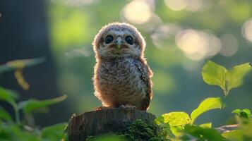 A baby owl is sitting on a stump in the woods photo