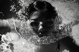 A black and white photo of a woman wearing goggles