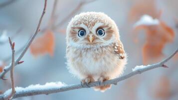 A cute little owl sitting on a branch in the snow photo