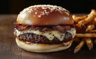 Juicy burger with melted cheese and crispy bacon served with golden fries on a wooden table photo