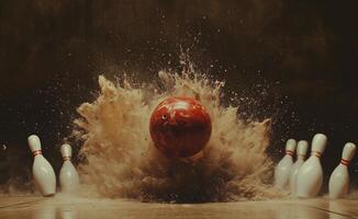 Bowler launches ball towards pins creating a splash at a bowling alley during a lively game photo