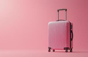 Stylish pink suitcase on a pastel pink background with smooth shadows photo