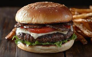 Delicious burger served with crispy fries on a wooden table in a casual dining setting photo