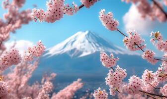 Cherry blossoms frame Mount Fuji under a clear blue sky during springtime photo
