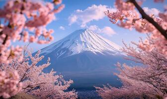 Beautiful cherry blossoms frame Mount Fuji in spring season under a clear blue sky photo