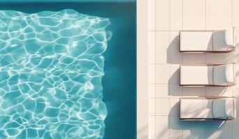 Relaxing by the swimming pool on a sunny day with lounge chairs and clear blue water photo