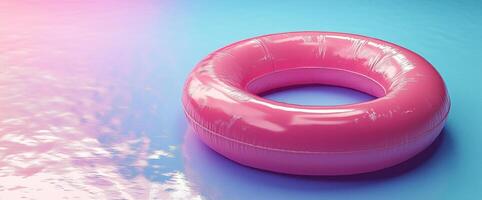 Floating pink pool ring rests on calm water in a vibrant setting during the summer photo