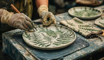 Crafting pottery with fern patterns in a creative workspace during daylight photo