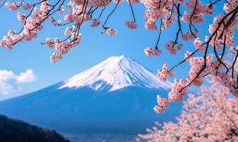 Cherry blossoms bloom in front of snow-capped Mount Fuji under a clear blue sky photo