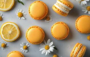 Delicious yellow macarons arranged with fresh lemons and daisies on a light background photo