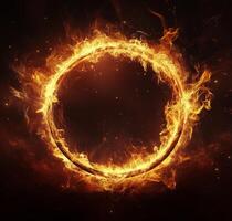 Bright orange flames forming a circular shape with a dark background and glowing sparks at night photo