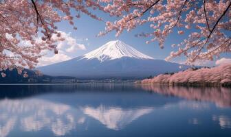Stunning view of Mount Fuji framed by cherry blossoms at a serene lake during springtime photo