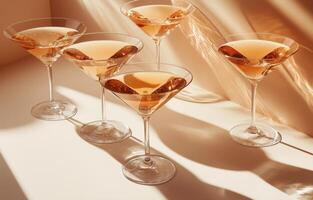 Five elegant cocktails on a soft surface illuminated by warm light during a vibrant gathering photo