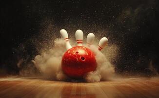 Bowling ball strikes pins creating a cloud of dust in a bowling alley during late evening hours photo