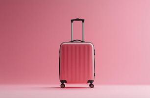 Stylish pink suitcase ready for travel against a vibrant pink background photo