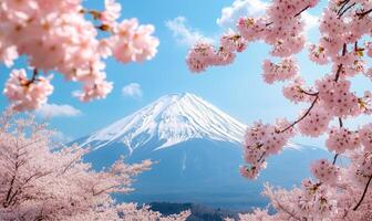 Stunning view of Mount Fuji framed by cherry blossoms during spring season photo
