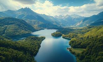 Majestic lake and mountains view showcasing vibrant greenery and serene waters in a picturesque setting photo