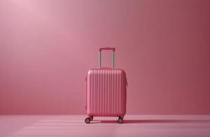 Colorful pink suitcase stands alone on a pastel background in a minimalistic setting photo