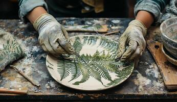 Creating a nature-inspired plate with fern design using traditional pottery techniques photo