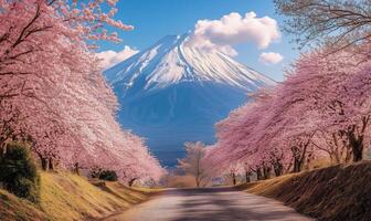 Scenic cherry blossom pathway with Mount Fuji in the background on a clear day photo