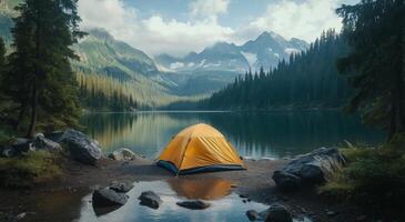 Relaxing camping trip by a tranquil lake surrounded by majestic mountains in summer season photo