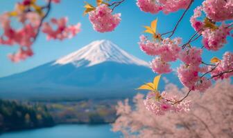 Cherry blossoms frame Mount Fuji during a clear day by the lake in spring photo