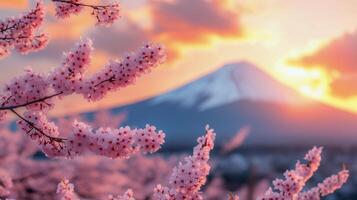 Cherry blossoms bloom in front of Mount Fuji at sunset in Japan during spring season photo